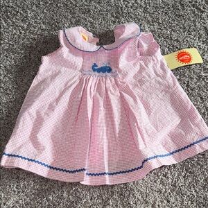 Charming Pink Gingham Kids Dress with Blue Embroidery